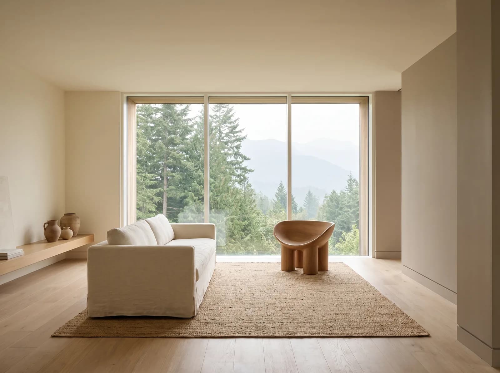 A calm modern living room with full-height glazing onto evergreens and distant mountains